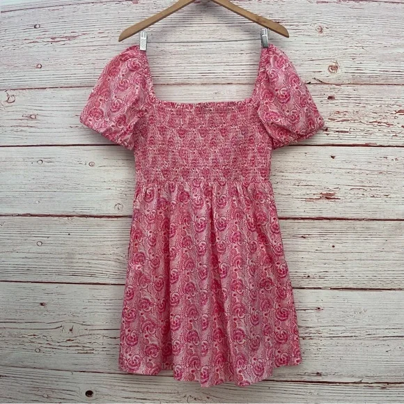 J Crew Puff Sleeve Smocked Mini Dress in Dandelion Swirl Pink/White Sz M - Picture 10 of 14